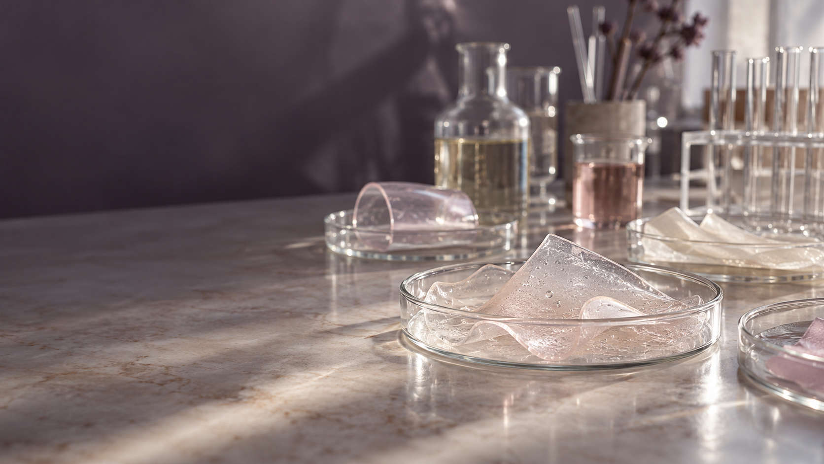 Translucent hydrogel material specimens in a contemporary materials laboratory